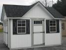 Pine Creek 10x14 Victorian Deluxe with White walls, Light Gray trim and Black Z-Style shutters, and Rustic Black shingles