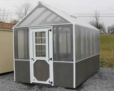 Pine Creek 8x12 Green House with Driftwood Polyurethane walls, White trim