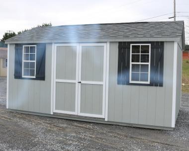 Pine Creek 10x16 HD Peak with Light Gray walls, White trim and Black shutters, and Oyster Gray shingles