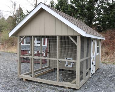 Pine Creek 8x12 King Coop with PC Clay walls, White trim, and Barkwood shingles